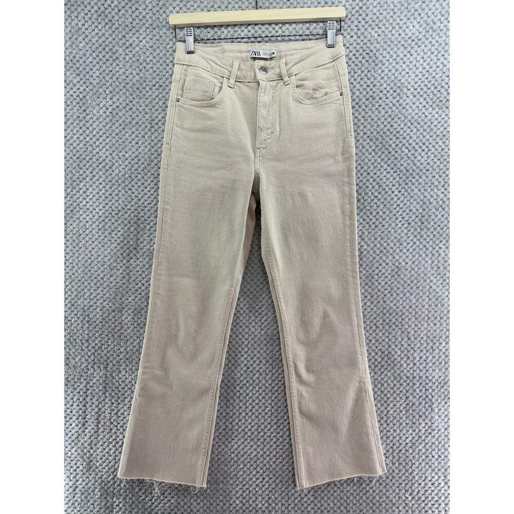 Zara Pants Womens US4 Cream High Rise Straight Leg Raw Hem 26" Inseam